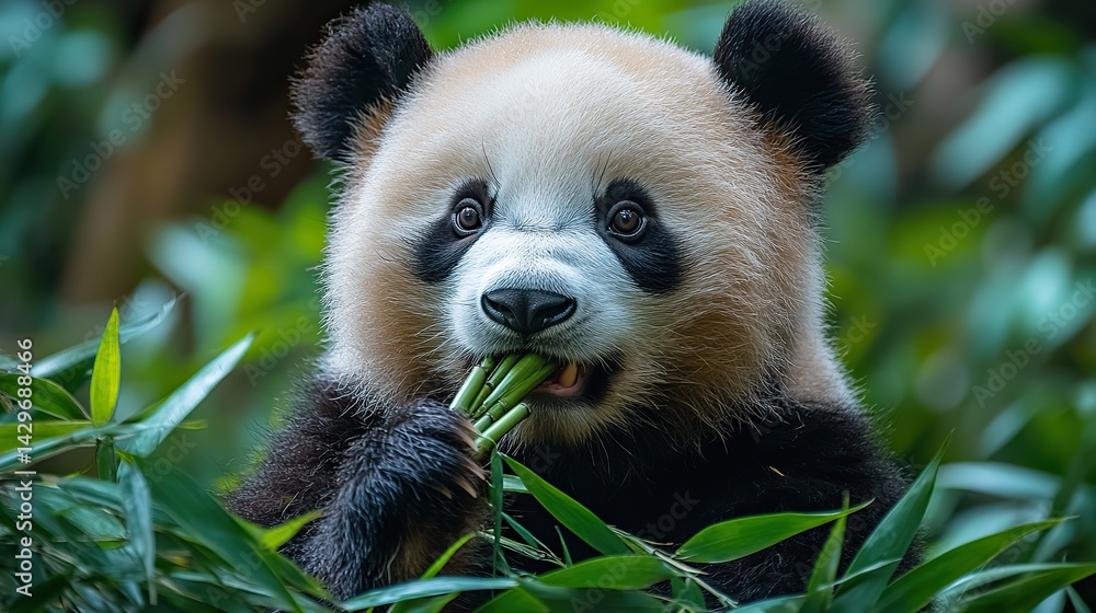 A playful panda chews on bamboo shoots in a lush, green forest A playful panda chews on bamboo shoots in a lush, green forest