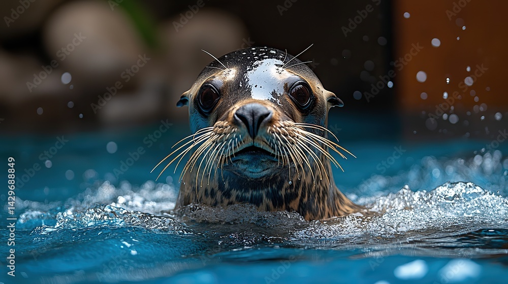 Fototapeta premium A playful sea lion barks and splashes in its enclosure at the zoo