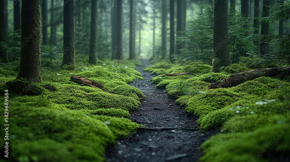Fototapeta premium A quiet forest trail covered with moss and fallen branches
