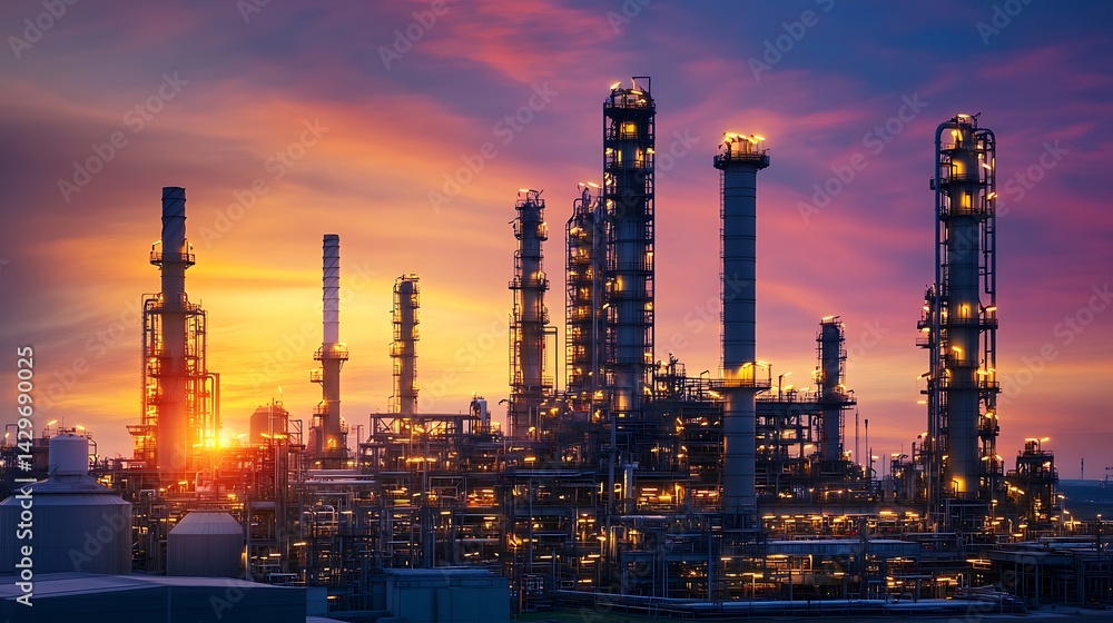 Obraz premium Operating Factory at Sunset with Glowing Lights and Colorful Sky