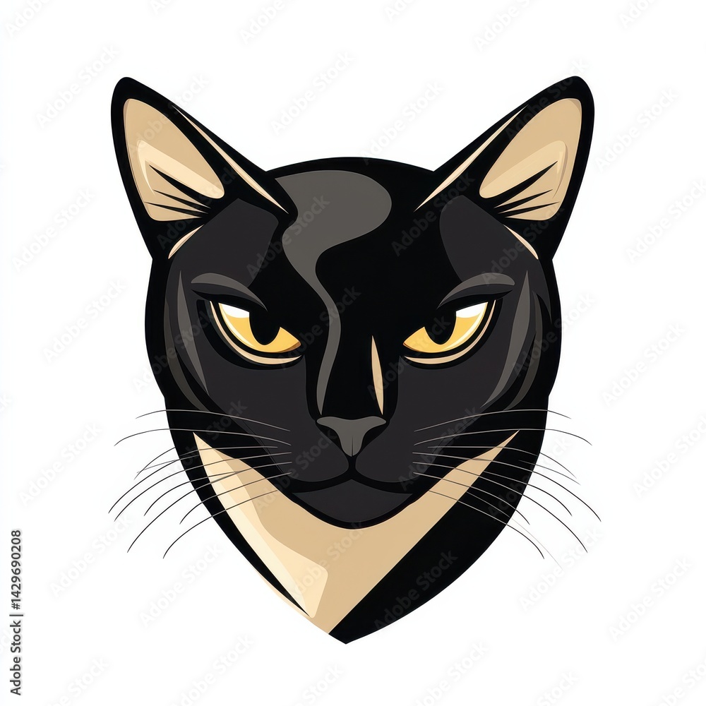 Stylized illustration of a cat's face with black fur and yellow eyes Stylized illustration of a cat's face with black fur and yellow eyes