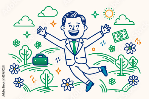 Happy businessman jumping with joy amidst nature, briefcase, and money.
