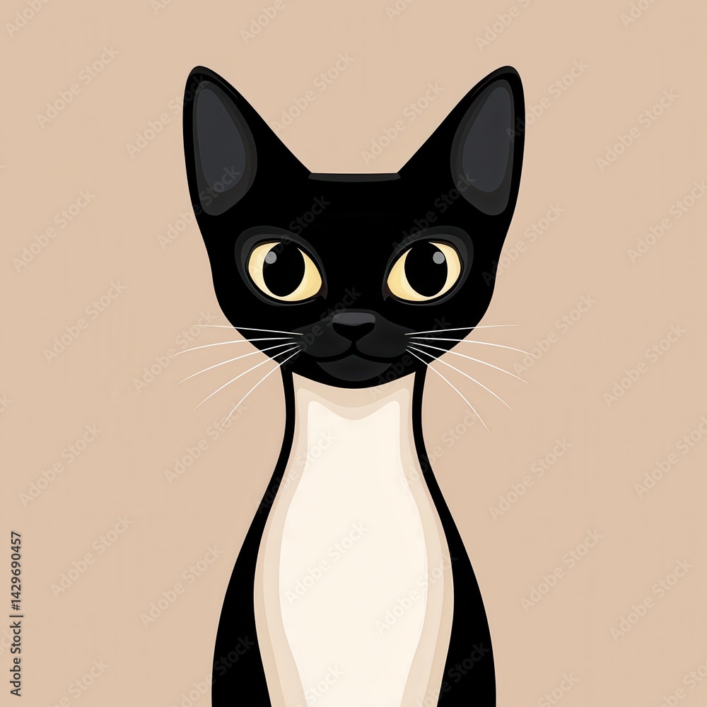 Obraz premium Illustration of a black and white cat with yellow eyes facing forward