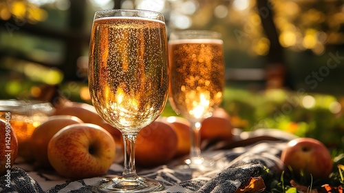 A refreshing glass of sparkling cider sits on a picnic blanket in an orchard