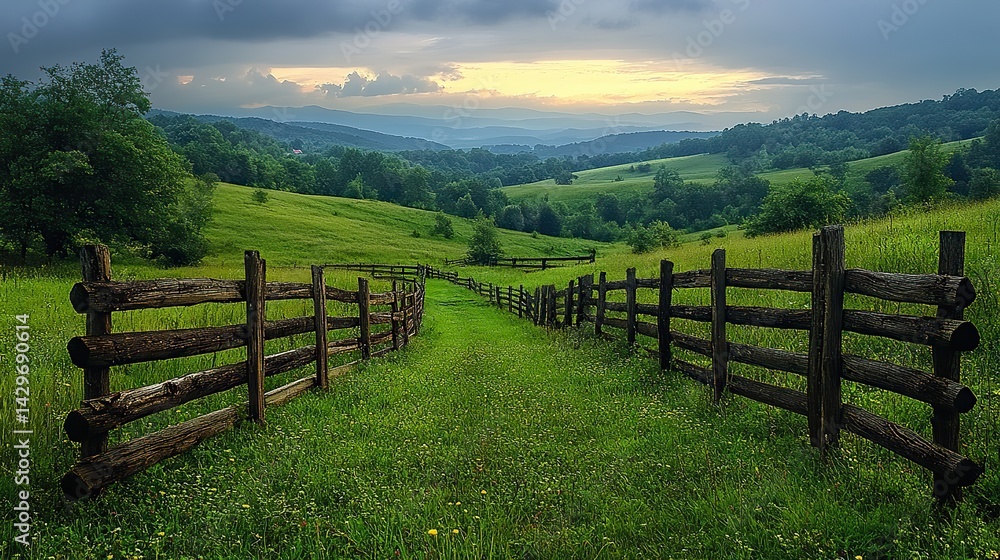 A rustic wooden fence stretches across a green and rolling landscape A rustic wooden fence stretches across a green and rolling landscape