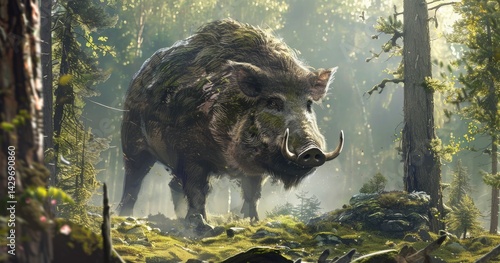 A realistic image of a giant boar bigger than the trees in a forest.