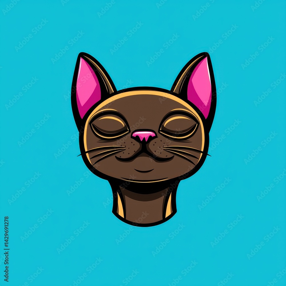 Fototapeta premium Cartoon illustration of a brown cat's head with pink ears and closed eyes on a blue background
