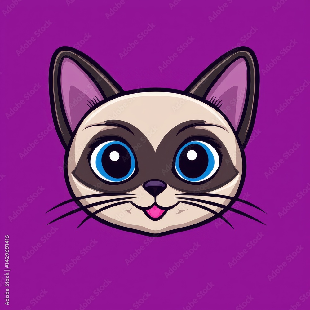 Cartoon cat face with large blue eyes and light beige fur against a purple background Cartoon cat face with large blue eyes and light beige fur against a purple background