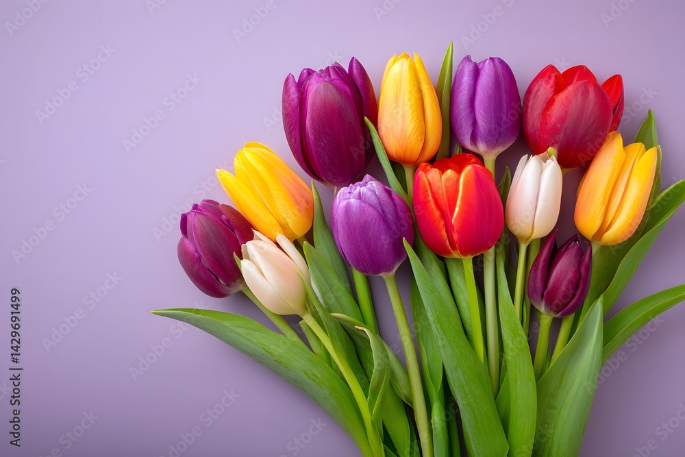 A bunch of colorful tulips on a soft lilac background A bunch of colorful tulips on a soft lilac background