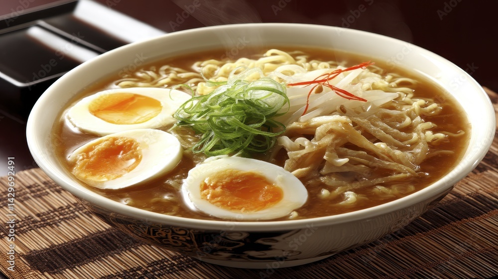 Freshly prepared ramen noodles with flavorful broth and assorted toppings - food japanese mushrooms healthy spice Freshly prepared ramen noodles with flavorful broth and assorted toppings - food japanese mushrooms healthy spice
