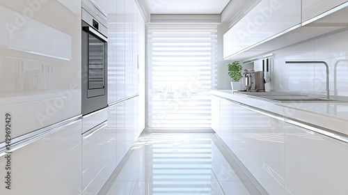 Bright white galley kitchen with stainless appliances and minimalist layout
