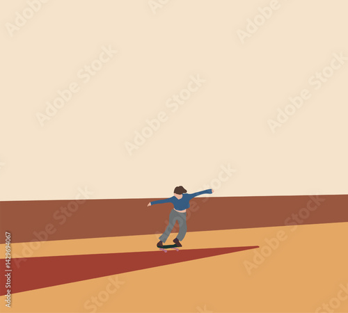 Woman skateboarding at skate park ramp. Weekend lifestyle recreational activities outdoor. 