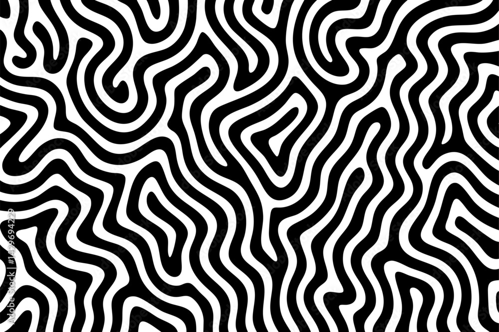 Abstract black and white vector pattern with seamless wavy lines and organic flow, resembling zebra stripes or topographic contours, ideal for textiles, wallpapers, and modern design backgrounds Abstract black and white vector pattern with seamless wavy lines and organic flow, resembling zebra stripes or topographic contours, ideal for textiles, wallpapers, and modern design backgrounds