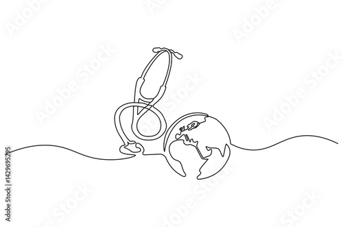 Continuous one line drawing of Earth with stethoscope. Single line drawing illustration of stethoscope attached to globe. World Health Day concept vector art. Doodle line illustration.