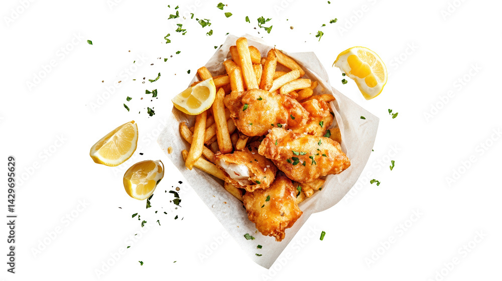 Delicious fish and chips with lemon slices.