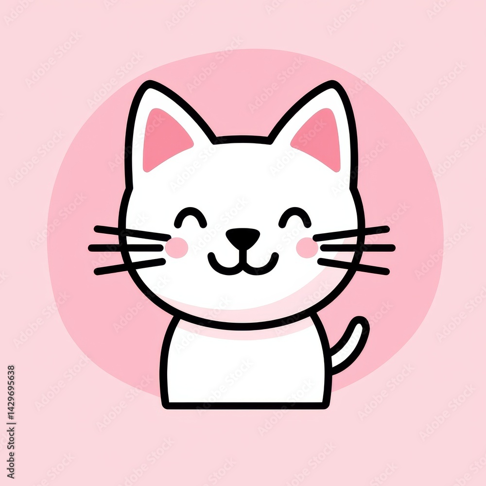Fototapeta premium Minimalist cartoon illustration of a smiling white cat with pink eyes and whiskers on a pink circular background