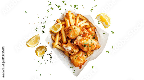 Obraz na płótnie Delicious fish and chips with lemon slices. w salonie