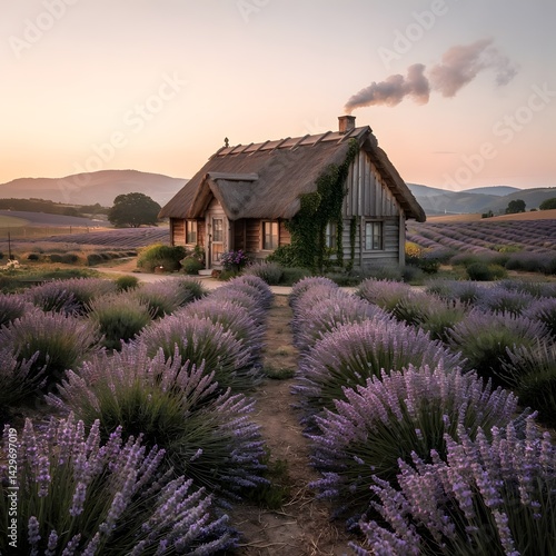 Golden Hour Lavender Field with Rustic Cottage and Sunset Sky
