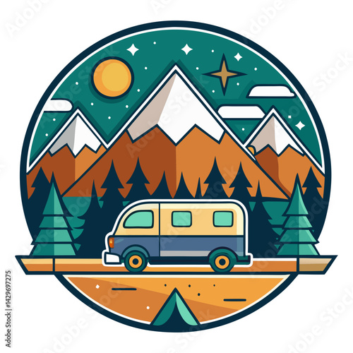 A colorful circular illustration depicting a camping scene at night with a camper van, tent, mountains, pine trees, moon, stars, and a stylized landscape.