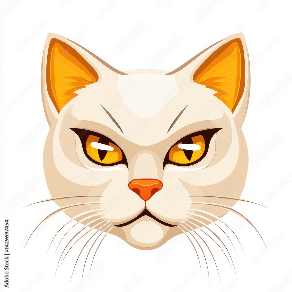 Fototapeta premium Cartoon illustration of a cat's face with orange eyes and ears, beige fur, and white background