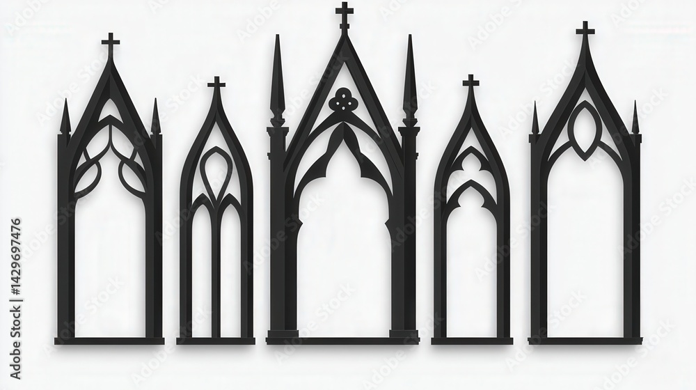 Crossthemed window outlines, gothic architecture shapes, white background, flat design illustration Crossthemed window outlines, gothic architecture shapes, white background, flat design illustration