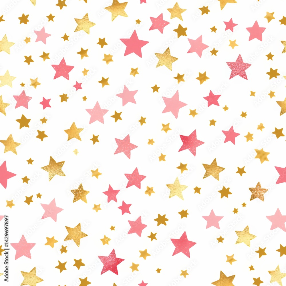 Pink and gold stars seamless pattern on white background. Celestial design for gift wrap, scrapbook paper, and greeting card. Whimsical and festive repeat print. Pink and gold stars seamless pattern on white background. Celestial design for gift wrap, scrapbook paper, and greeting card. Whimsical and festive repeat print.