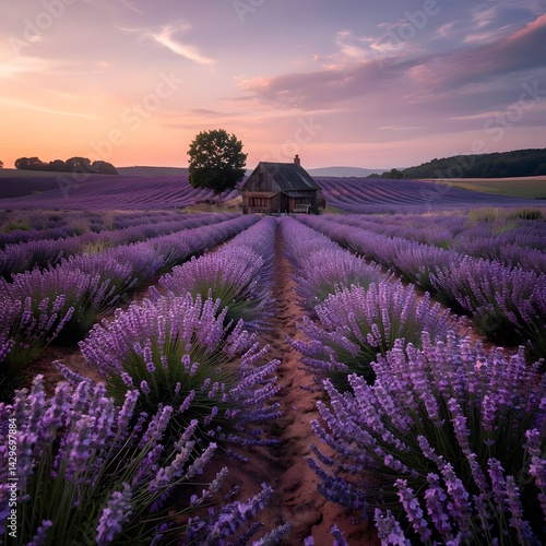 Golden Hour Lavender Field with Rustic Cottage and Sunset Sky