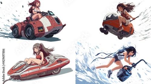 Four illustrations of anime girls on futuristic vehicles, including a dune buggy, hovercraft, jet ski, and water scooter.