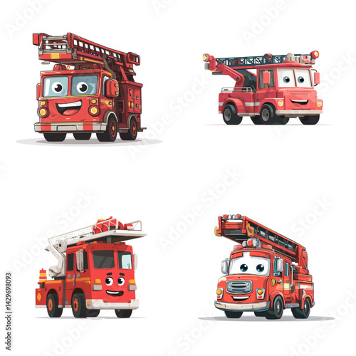 Cartoon fire trucks with cute faces and ladders in different styles. Great for kids' content, emergency vehicle education, rescue themes, and playful transportation illustrations.

