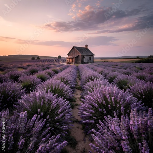 Golden Hour Lavender Field with Rustic Cottage and Sunset Sky
