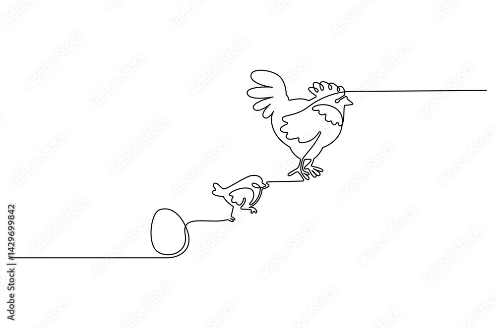 Fototapeta premium Continuous one line drawing of Chicken life cycle. Single line drawing illustration of Chicken Growth from egg. Chicken concept vector art. Doodle line illustration.