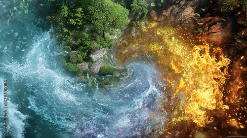 A mesmerizing depiction of the four elements intertwined in a dynamic spiral.