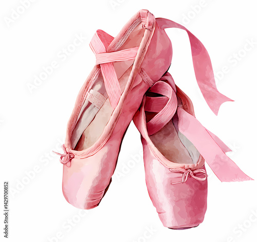 Pink ballet shoes, clipart style, isolated on a white background, highly detailed and realistic, watercolor illustration with a pouring water effect