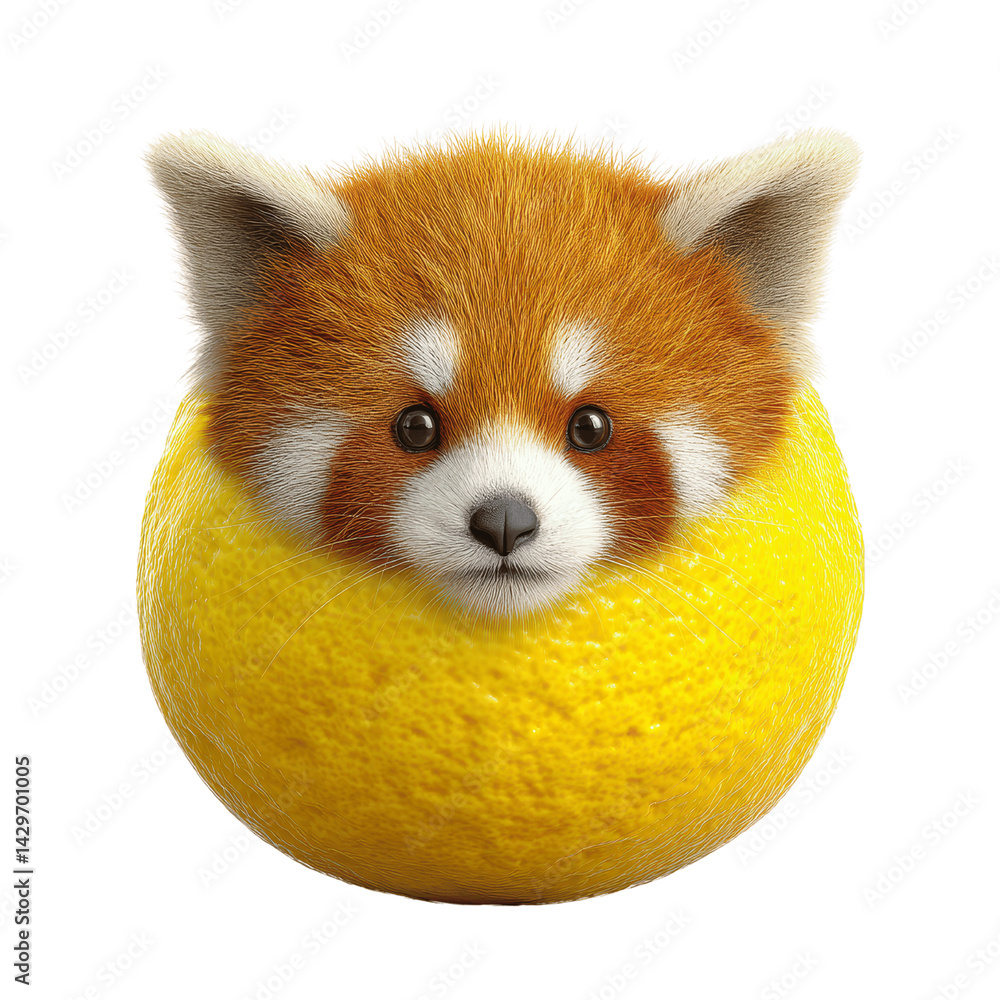 Obraz premium Adorable Red Panda Peeking from a Lemon on Green Screen