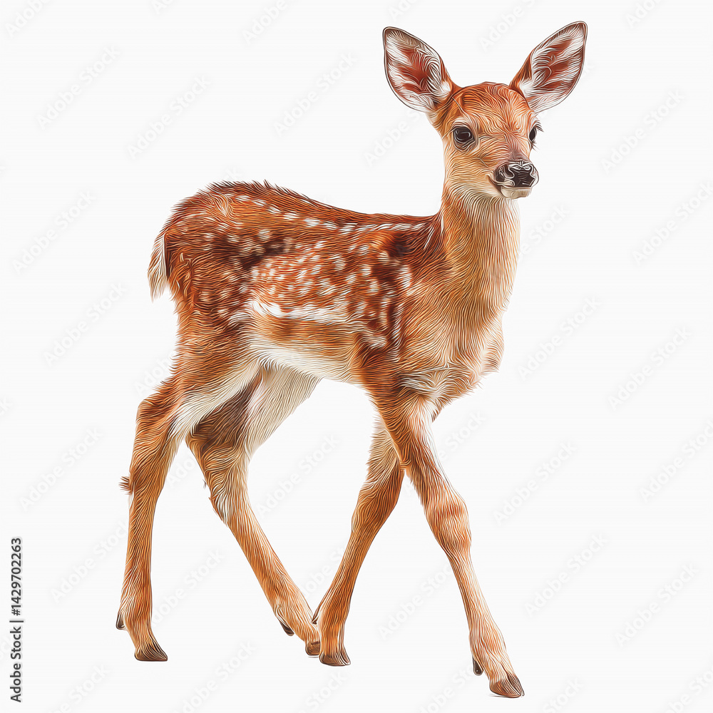 Fototapeta premium Young White-tailed Deer Fawn Walking, Detailed Engraving Style Illustration