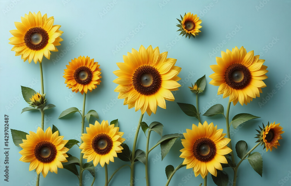 A vibrant arrangement of sunflowers of varying sizes on a pale blue background. The sunflowers are meticulously arranged, creating a visually appealing pattern. A vibrant arrangement of sunflowers of varying sizes on a pale blue background. The sunflowers are meticulously arranged, creating a visually appealing pattern.