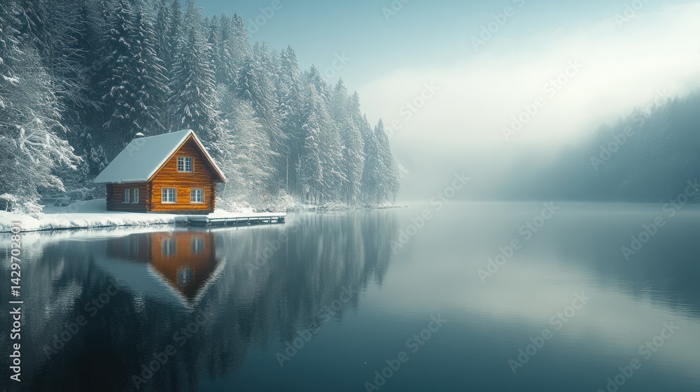 Fototapeta premium Snowy cabin reflected in tranquil winter lake