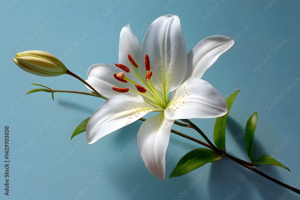 Fototapeta premium A soft white lily on a baby blue background