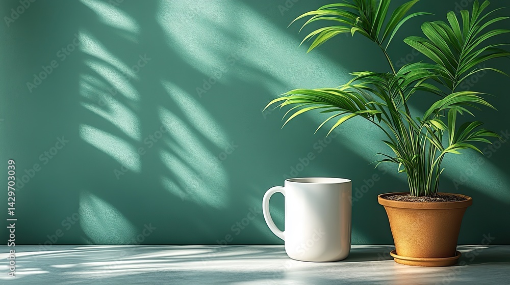 A white ceramic mug mockup stands on a white table with a tropical palm tree leaf shadow on a green wall, perfect for showcasing designs and logos. A white ceramic mug mockup stands on a white table with a tropical palm tree leaf shadow on a green wall, perfect for showcasing designs and logos.