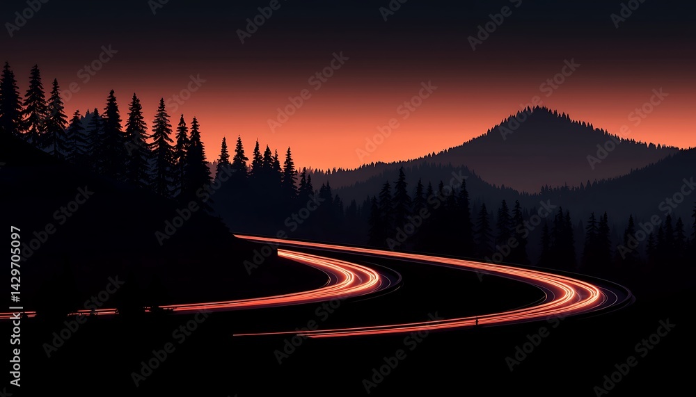 Fototapeta premium Winding Road Night Forest Sunrise