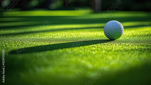 A white golf ball casts a long shadow on a vibrant green putting green, creating a striking contrast and suggesting a sunny day on the course.