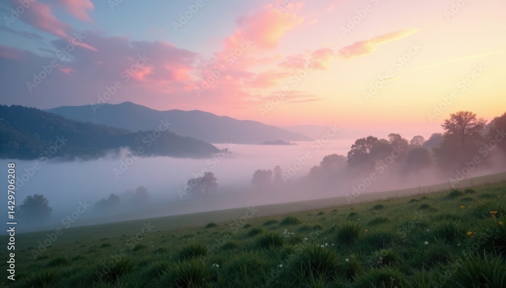 Obraz premium Soft white fog gently settles over a serene landscape at dawn, nature, scenery