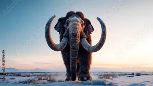 A majestic woolly mammoth stands in a snowy landscape at sunset. Its massive tusks curve downwards, and its long fur is visible. The serene scene evokes a sense of prehistoric wonder.