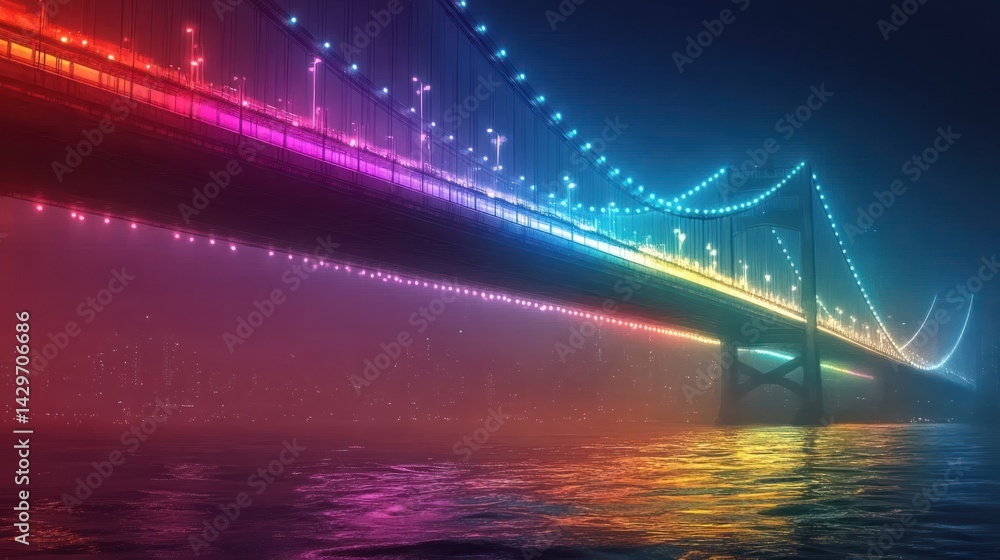 Fototapeta premium Spectacular suspension bridge illuminated with vibrant neon colors at twilight
