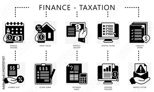 Taxation glyph icons set. Contain annual income, deposit, charge, slip, liability, notice, claim form, expense tracker, filling and more. Vector for UI, UX kit, digital, print, web and app development