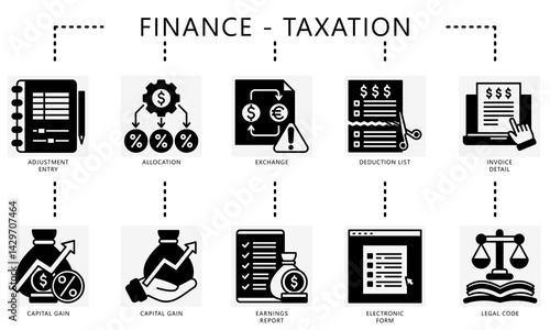 Taxation glyph icons set. Contain adjustment entry, capital gain, allocation, deduction, exchange, earning, report, invoice, and more. Vector for UI, UX kit, digital, print, web and app development.