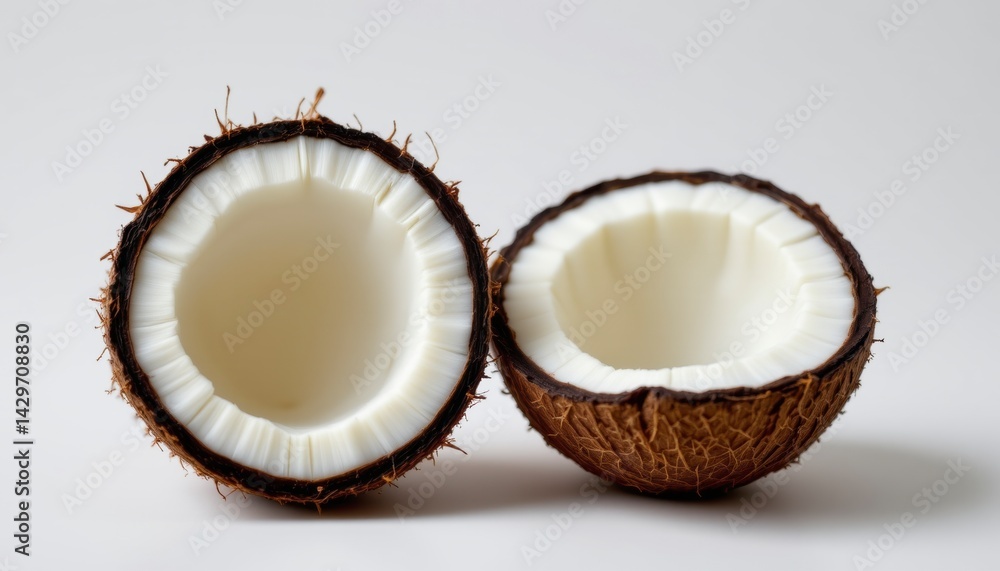 Freshly Cut Coconut Halves on Light Background for Tropical Food and Culinary Concepts Freshly Cut Coconut Halves on Light Background for Tropical Food and Culinary Concepts