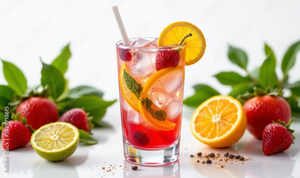 Refreshing Summer Cocktail with Strawberries, Oranges, and Mint Leaves Garnish in Bright Setting Refreshing Summer Cocktail with Strawberries, Oranges, and Mint Leaves Garnish in Bright Setting
