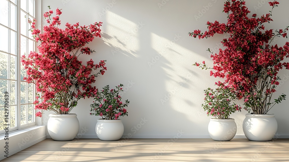 Fototapeta premium A white wall offers design mockup space, complemented by bougainvillea in white pots on a light wooden floor, creating a serene, stylish atmosphere.