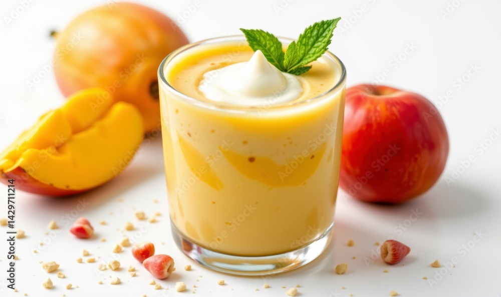 Refreshing Fruit Smoothie with Creamy Topping and Fresh Mint on White Background Refreshing Fruit Smoothie with Creamy Topping and Fresh Mint on White Background